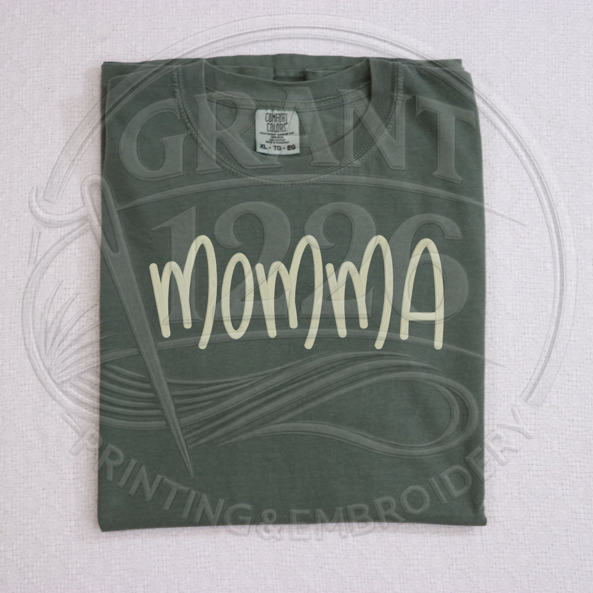 moss green embroidered mama shirt on Comfort Colors tee