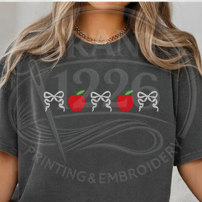 Pepper Comfort Colors embroidered teacher shirt with apple and bow embroidery