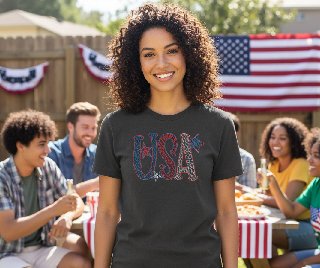 Embroidered USA design on charcoal Comfort Colors short sleeve patriotic shirt