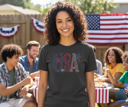 Embroidered USA design on charcoal Comfort Colors short sleeve patriotic shirt