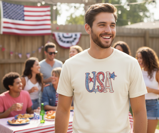 Embroidered USA design on ivory Comfort Colors short sleeve patriotic shirt
