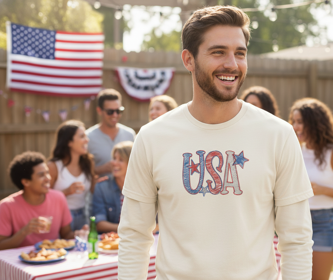 Embroidered USA design on ivory Comfort Colors shirt styled with long sleeves