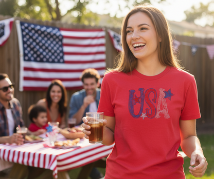 Embroidered USA design on red short sleeve patriotic shirt