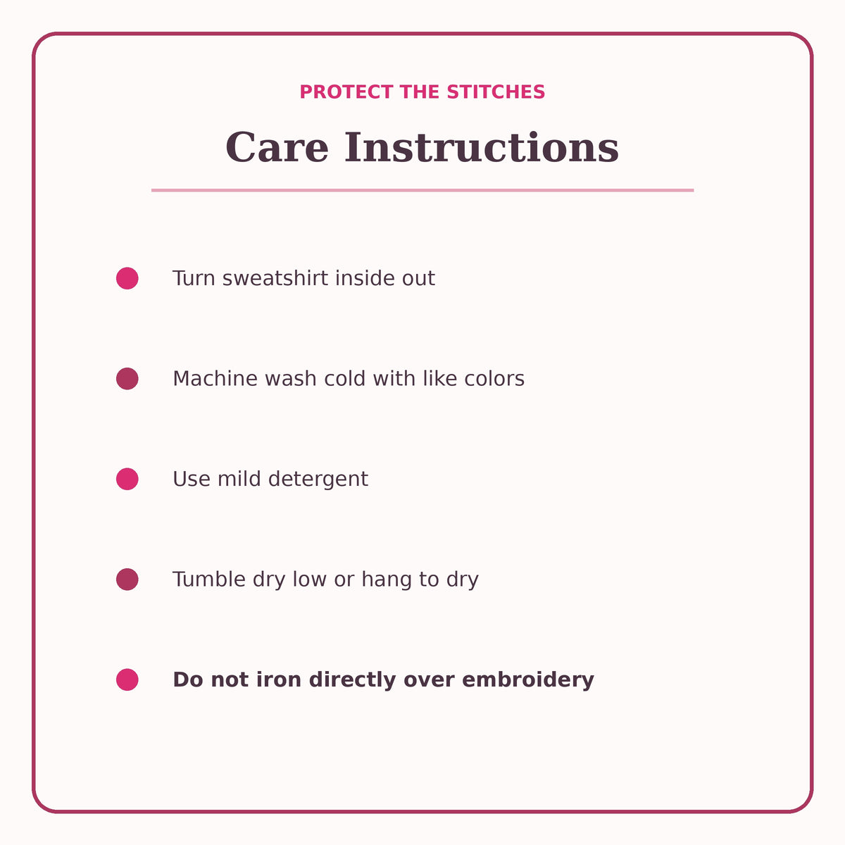 Care instructions for the Cupid & Co embroidered Valentine sweatshirt.