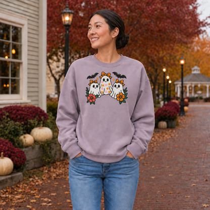 Adult wearing Paragon embroidered Halloween sweatshirt with three white ghosts and floral details