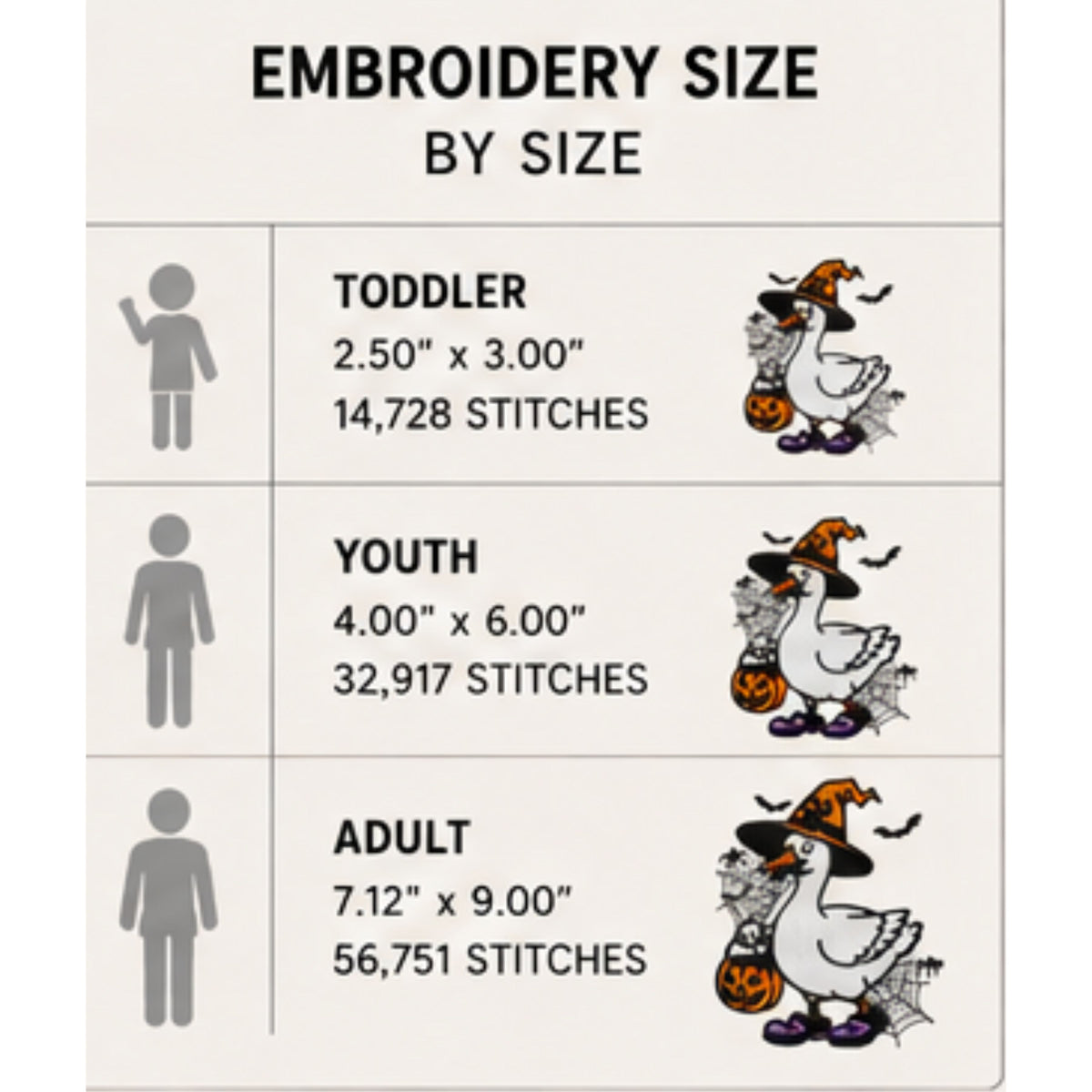 Halloween goose embroidery size guide showing scaled design dimensions for toddler, youth and adult garments