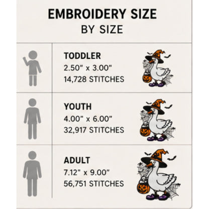 Halloween goose embroidery size guide showing scaled design dimensions for toddler, youth and adult garments