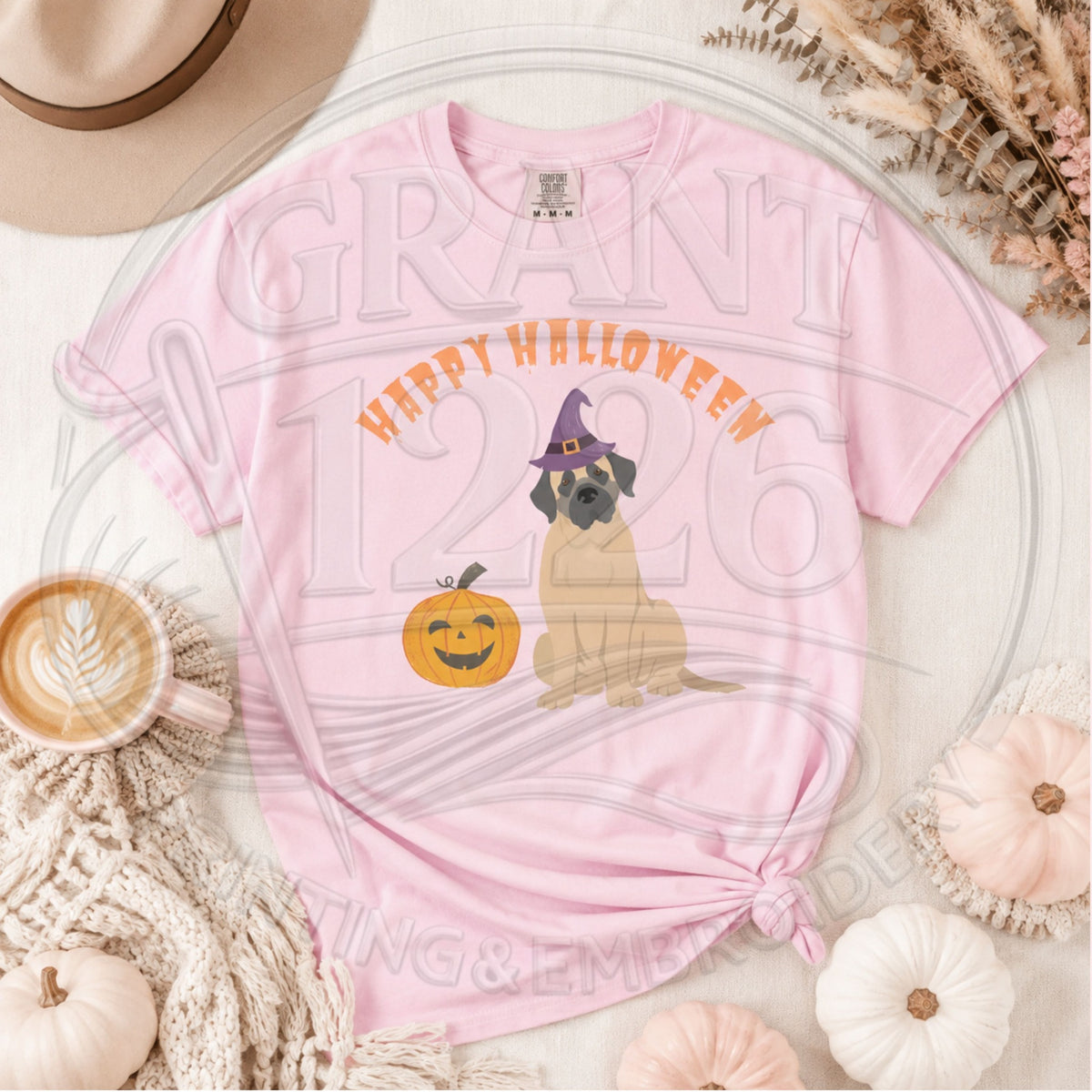 Blossom Comfort Colors short sleeve English Mastiff Halloween shirt flat lay with witch hat dog and pumpkin
