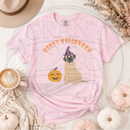 Blossom Comfort Colors short sleeve English Mastiff Halloween shirt flat lay with witch hat dog and pumpkin