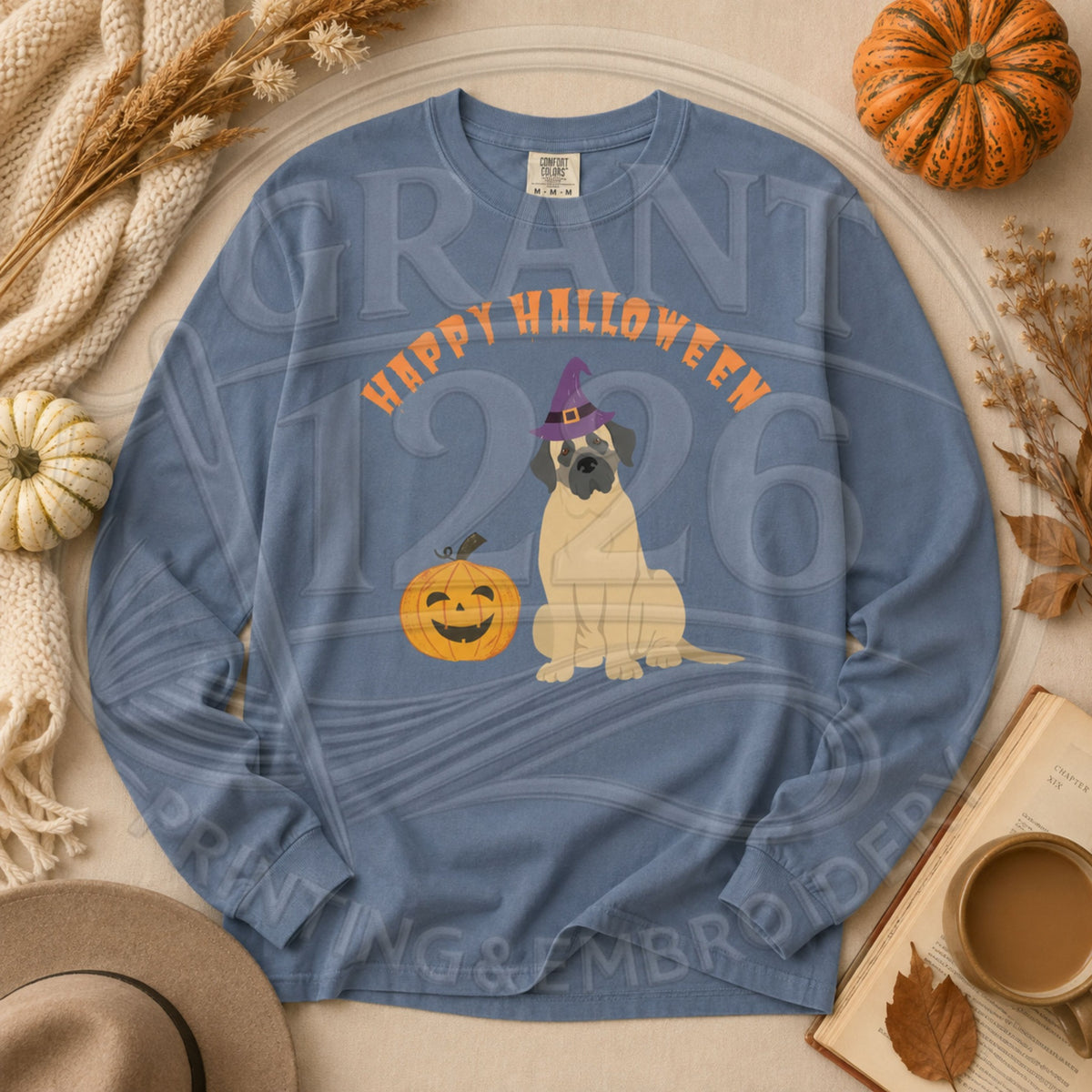 Blue Jean Comfort Colors long sleeve English Mastiff Halloween shirt flat lay with witch hat dog and pumpkin