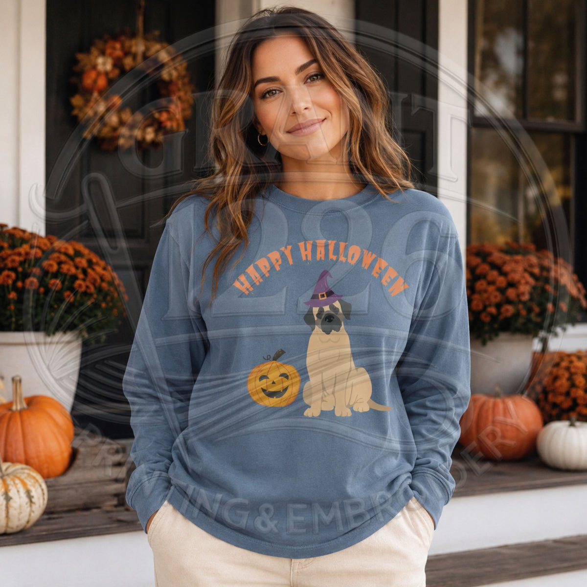 Blue Jean Comfort Colors long sleeve English Mastiff Halloween shirt with witch hat dog and pumpkin