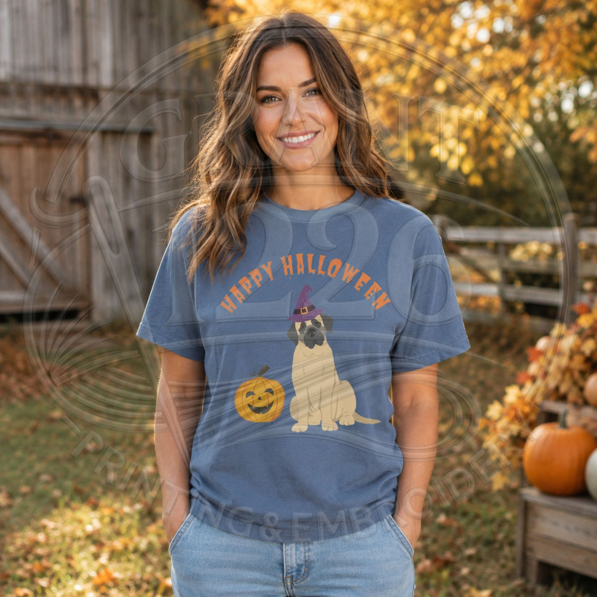 Blue Jean Comfort Colors short sleeve English Mastiff Halloween shirt with witch hat dog and pumpkin