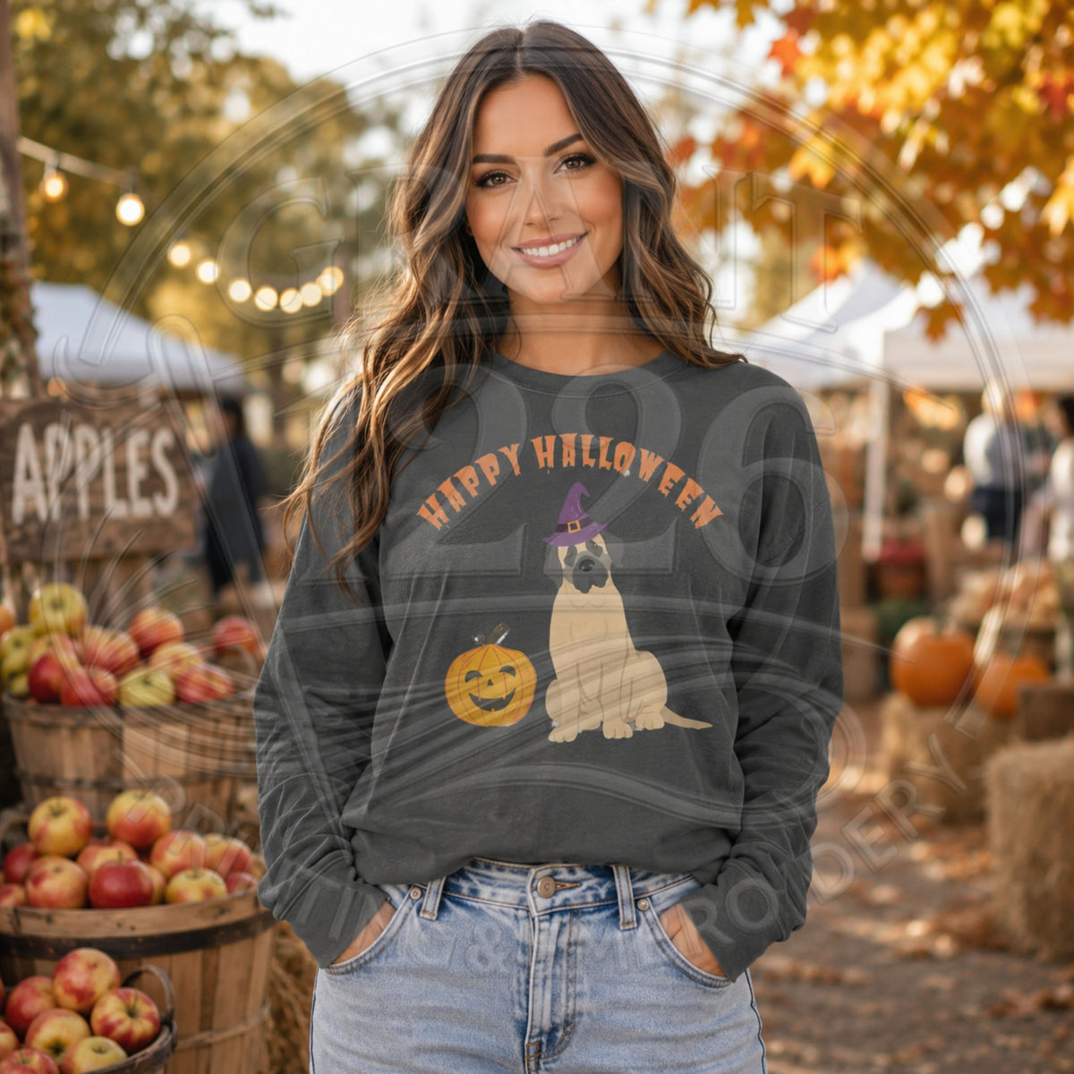 Pepper Comfort Colors long sleeve English Mastiff Halloween shirt with witch hat dog and pumpkin