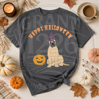 Pepper Comfort Colors short sleeve English Mastiff Halloween shirt flat lay with witch hat dog and pumpkin
