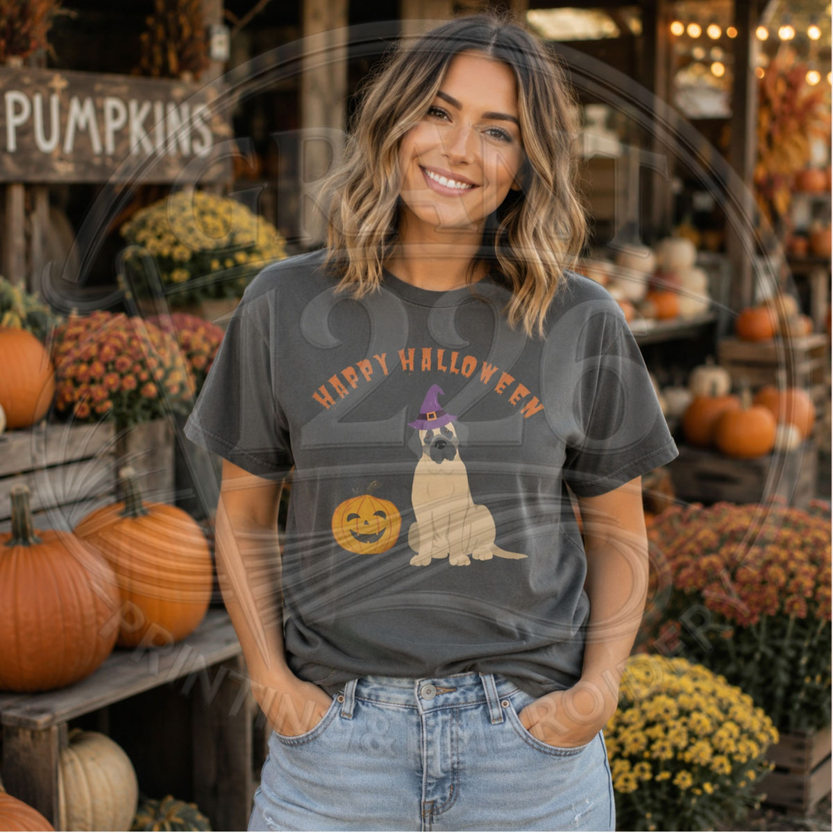 Pepper Comfort Colors short sleeve English Mastiff Halloween shirt with witch hat dog and pumpkin