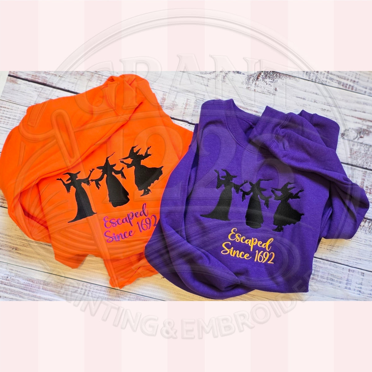 Orange and purple Gildan heavyweight embroidered witch Halloween crewneck sweatshirts