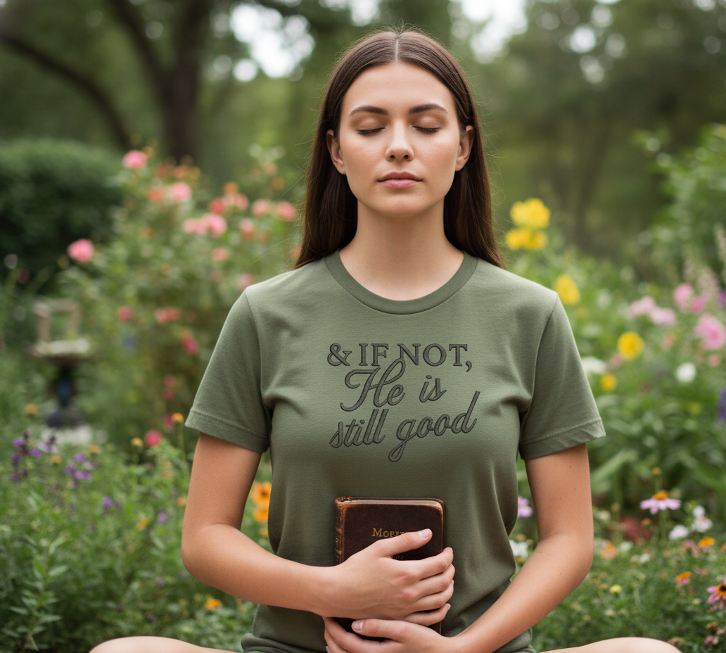 Woman wearing Moss Comfort Colors faith-based embroidered Christian shirt