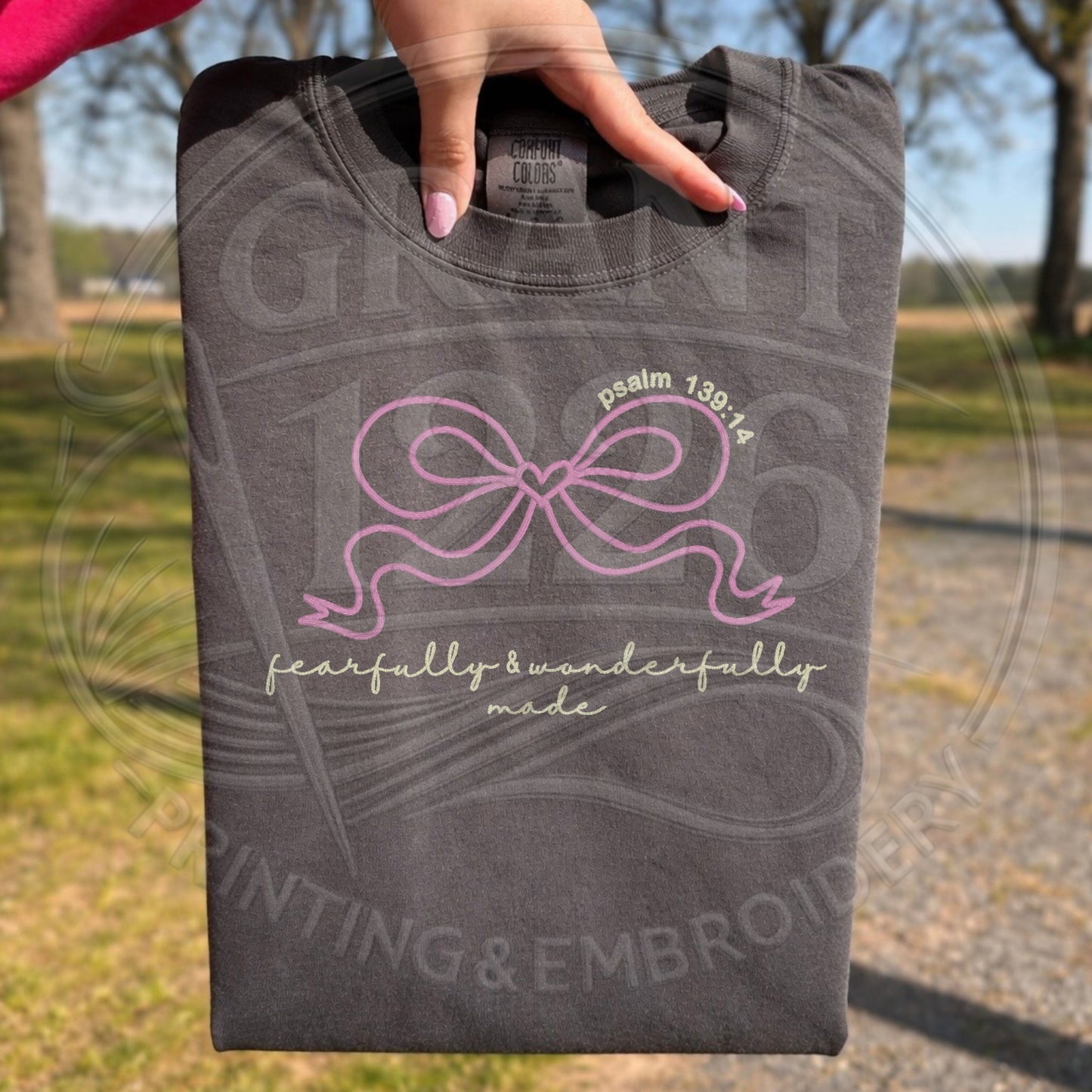 Christian aesthetic shirt with embroidered scripture and feminine bow