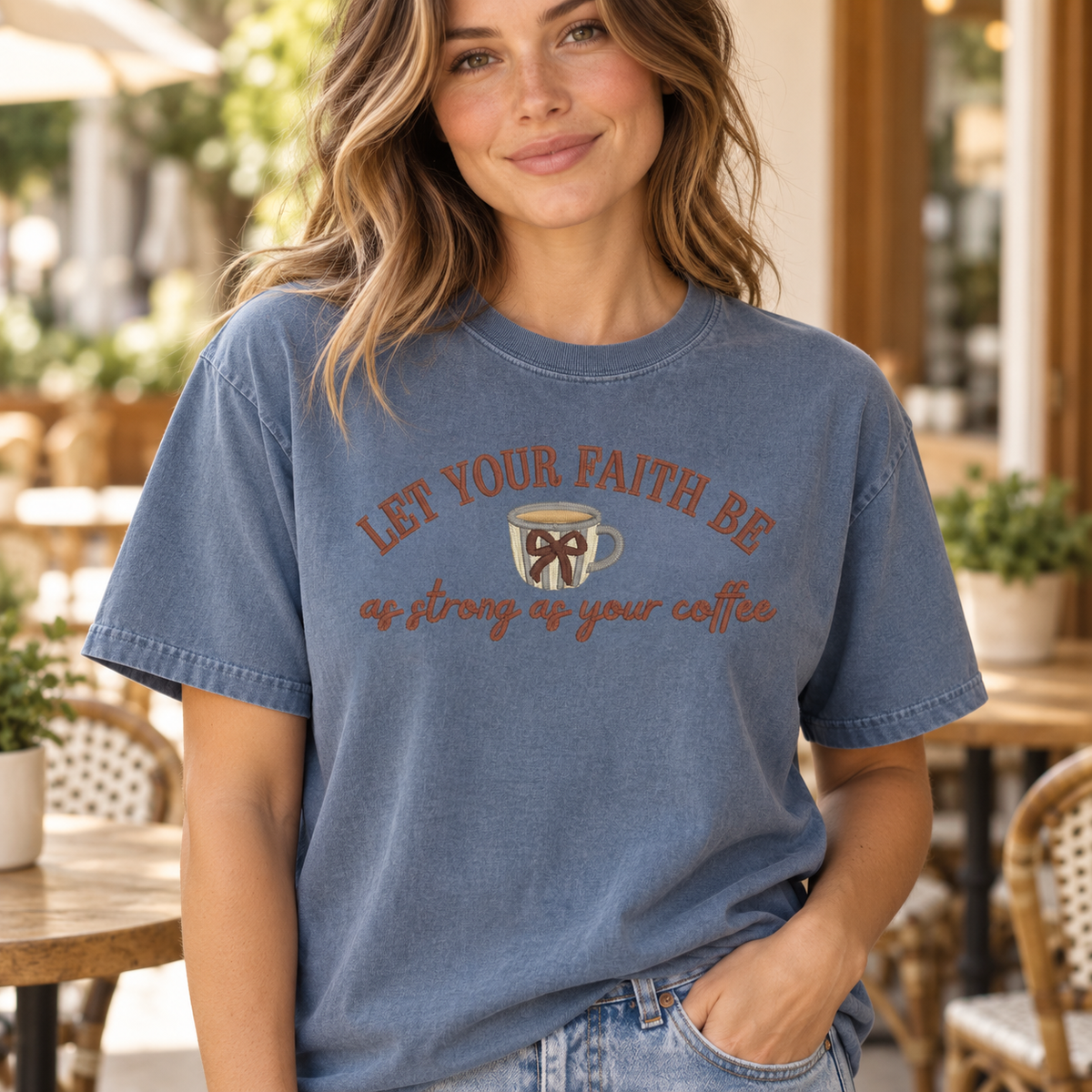 Woman wearing a Blue Jean Comfort Colors 1717 tee with centered faith and coffee embroidery