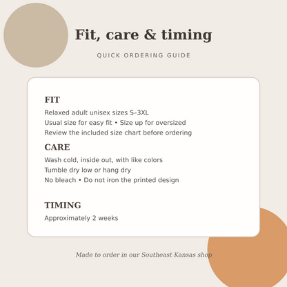 Fit, care and approximately two week turnaround guide for the Fall Basics Pepper Comfort Colors shirt