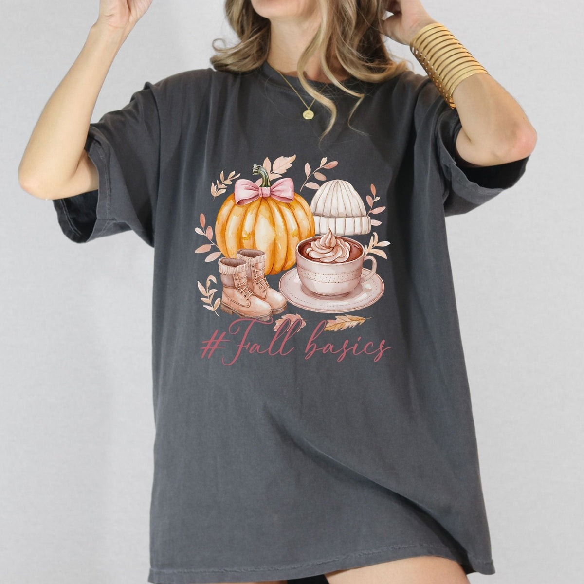 Front view of Pepper Comfort Colors tee printed with Fall Basics pumpkin coffee boots and beanie design