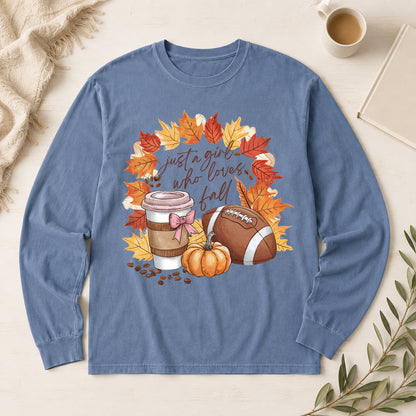 Blue Jean Comfort Colors long sleeve fall football and coffee graphic shirt flat lay