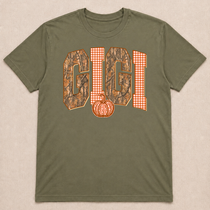Fall Gigi gingham pumpkin graphic T-shirt in fatigue green