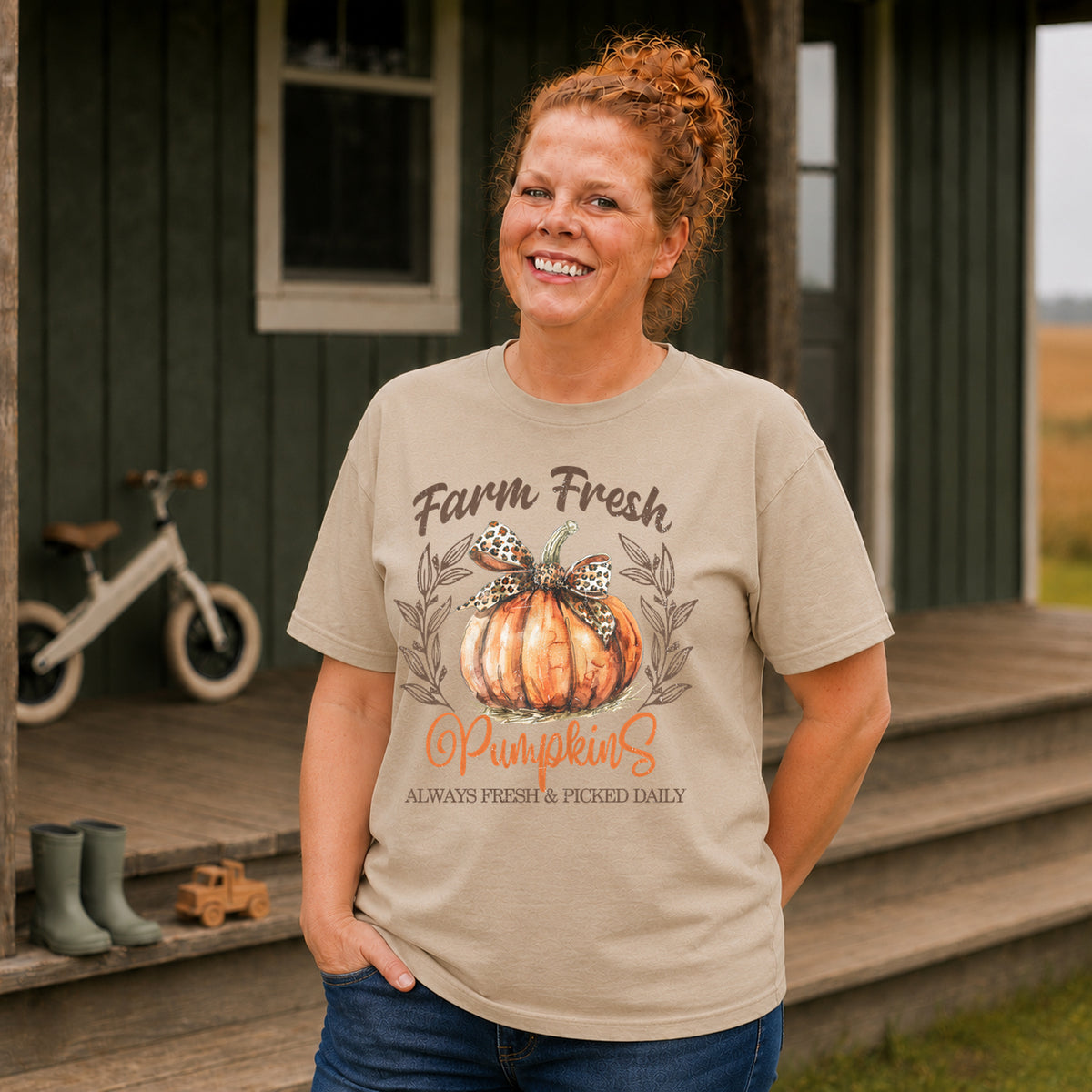 Sandstone Comfort Colors fall pumpkin shirt with watercolor pumpkin, leopard bow and leafy branches