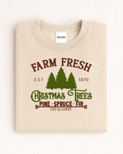 Farm Fresh Christmas Trees embroidery on a cozy Gildan crewneck sweatshirt.