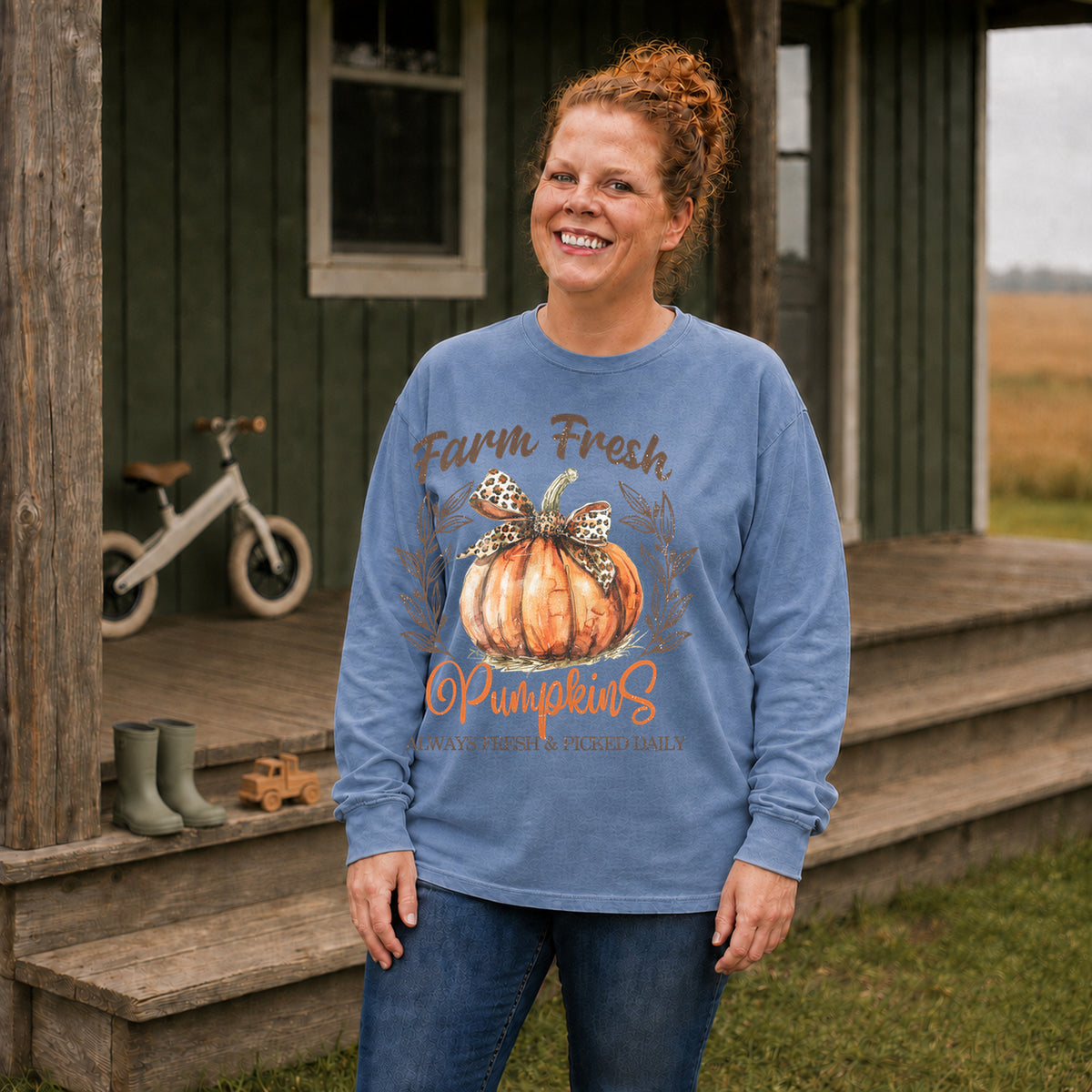 Blue Jean Comfort Colors long sleeve Farm Fresh Pumpkins shirt with leopard bow and autumn pumpkin