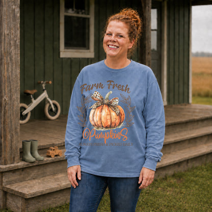 Blue Jean Comfort Colors long sleeve Farm Fresh Pumpkins shirt with leopard bow and autumn pumpkin