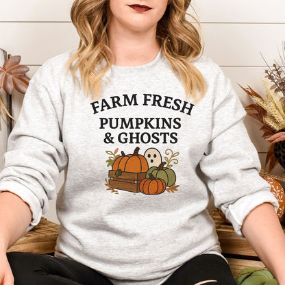 Ash Farm Fresh Pumpkins and Ghosts embroidered crewneck on model