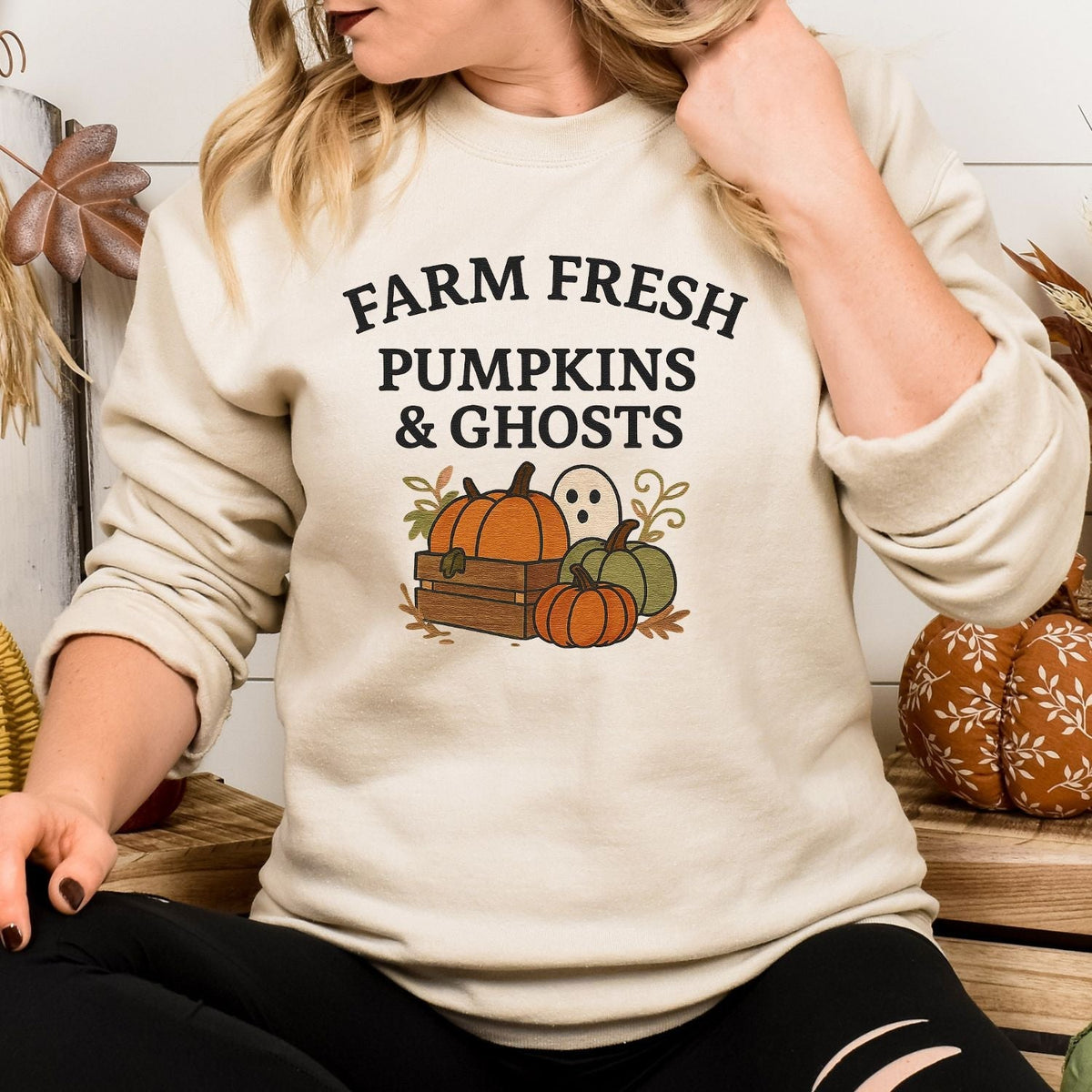 Sand embroidered Halloween sweatshirt with farm fresh pumpkins, crate and ghost