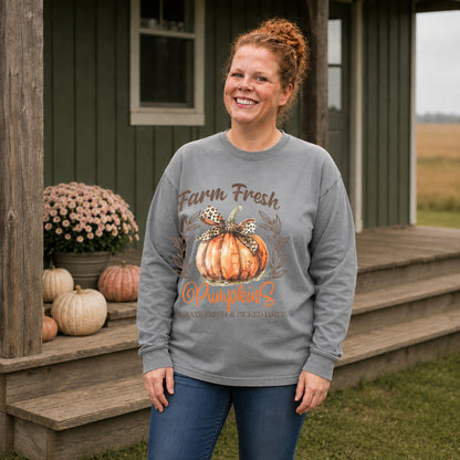 Grey Comfort Colors long sleeve Farm Fresh Pumpkins autumn graphic shirt modeled outdoors