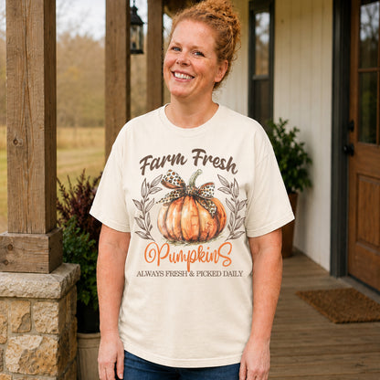 Farm Fresh Pumpkins Comfort Colors ivory short sleeve shirt with leopard bow watercolor pumpkin design