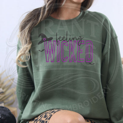 Military Green Feeling Wicked puff embroidered Halloween sweatshirt