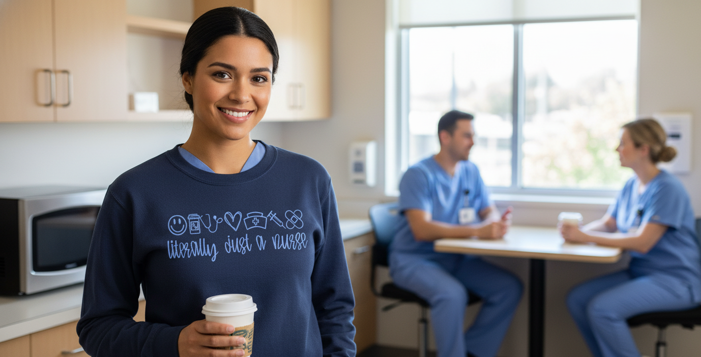 Female healthcare worker wearing embroidered Comfort Colors nursing t-shirt in medical office
