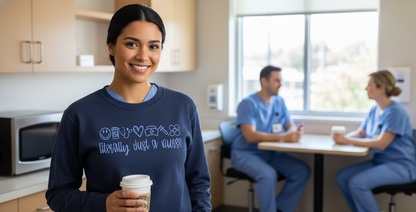 Female healthcare worker wearing embroidered Comfort Colors nursing t-shirt in medical office