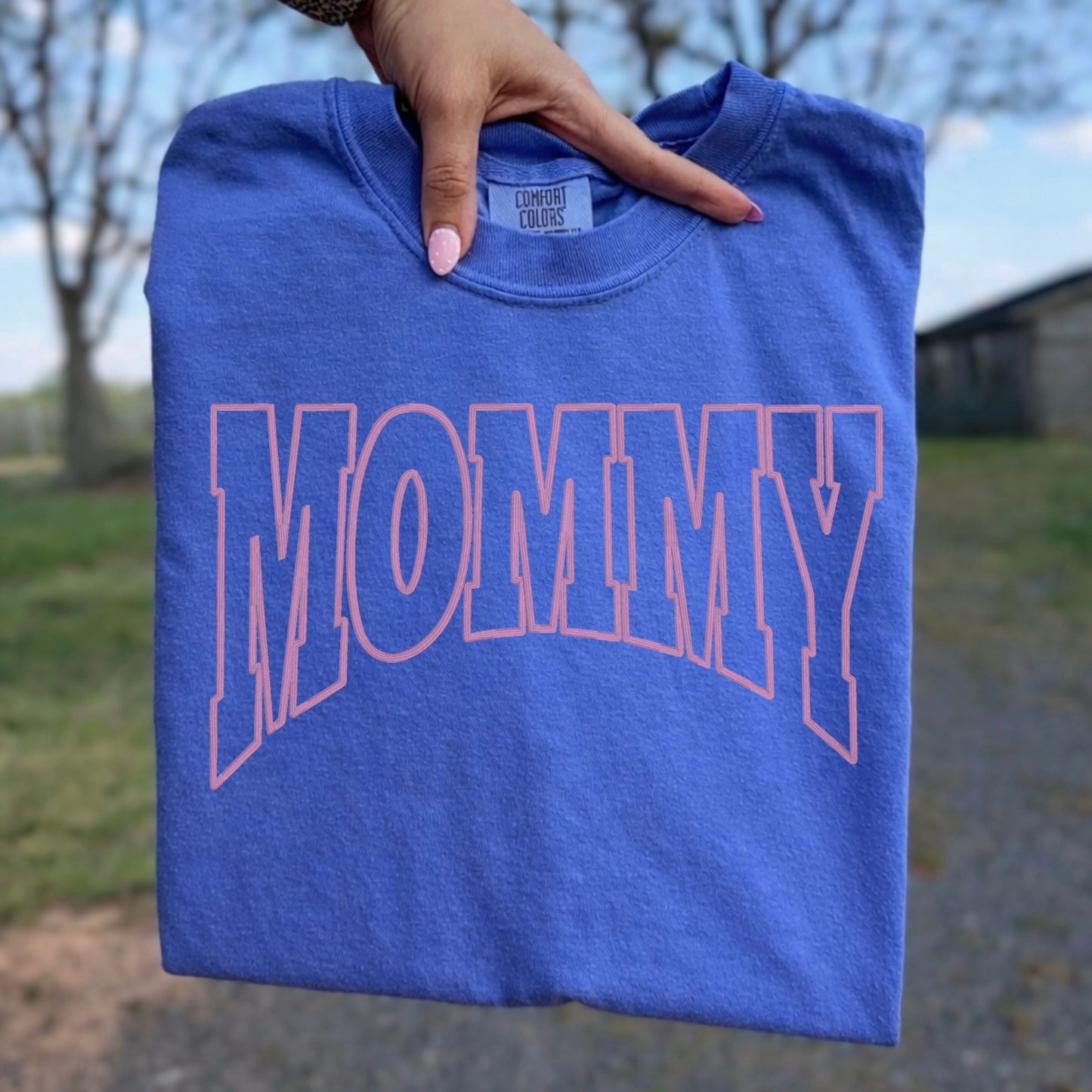 Flo blue Comfort Colors mommy sweatshirt with puff embroidery style lettering