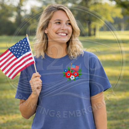 Blue Jean T-shirt with floral American flag embroidery on left chest