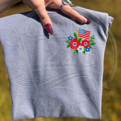 Blue Jean T-shirt with small embroidered American flag and floral left-chest design
