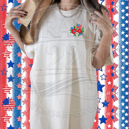 Ivory short-sleeve T-shirt with embroidered red white and blue floral flag