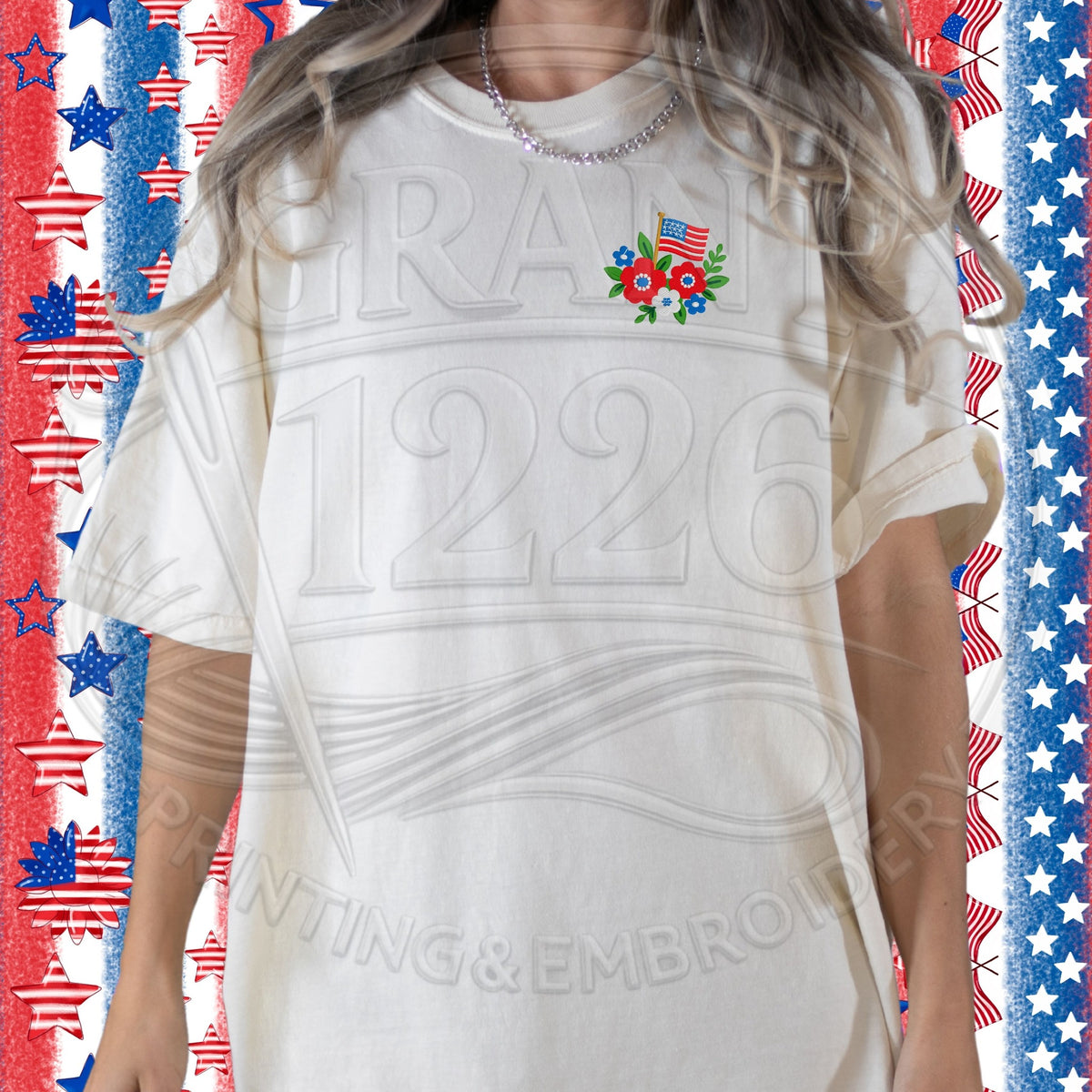 Ivory T-shirt with small patriotic floral American flag embroidery