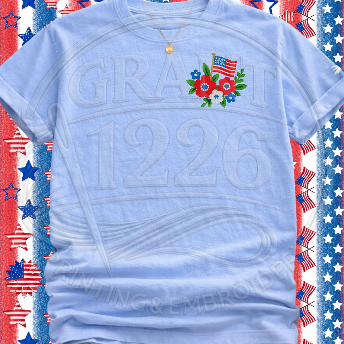 Light blue T-shirt with embroidered floral American flag left-chest design
