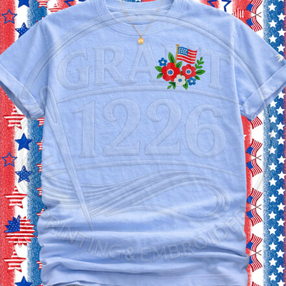 Light blue T-shirt with embroidered floral American flag left-chest design