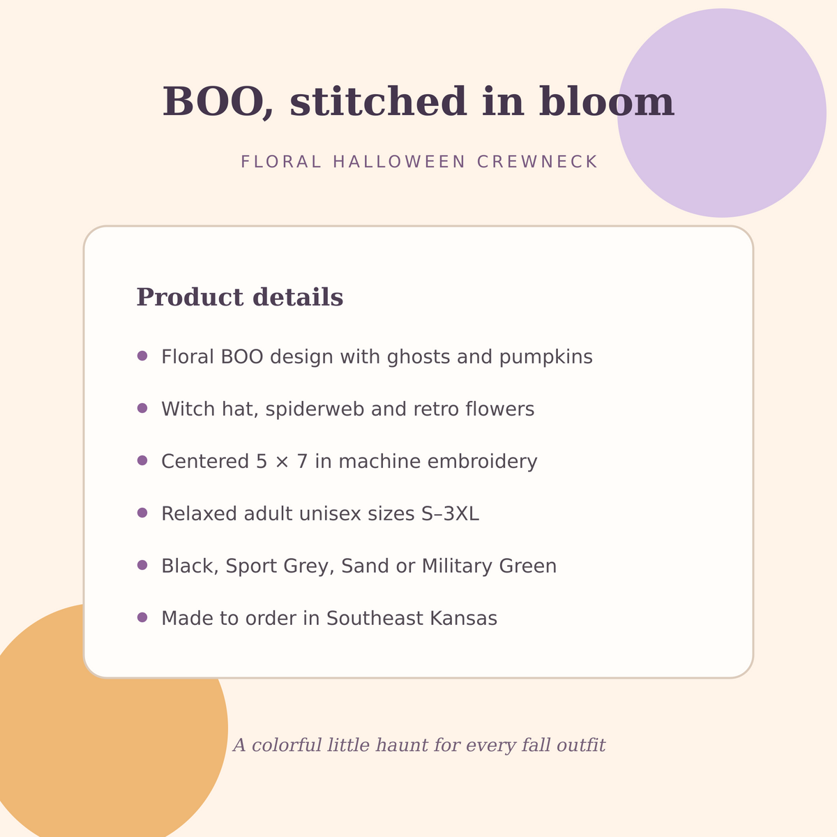 Product details for the adult floral BOO embroidered Halloween sweatshirt with ghosts, pumpkins, witch hat, spiderweb and retro flowers