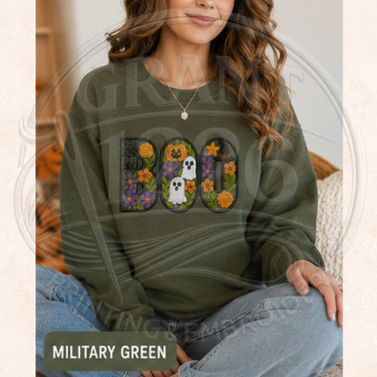 Military green adult crewneck sweatshirt with floral BOO Halloween embroidery