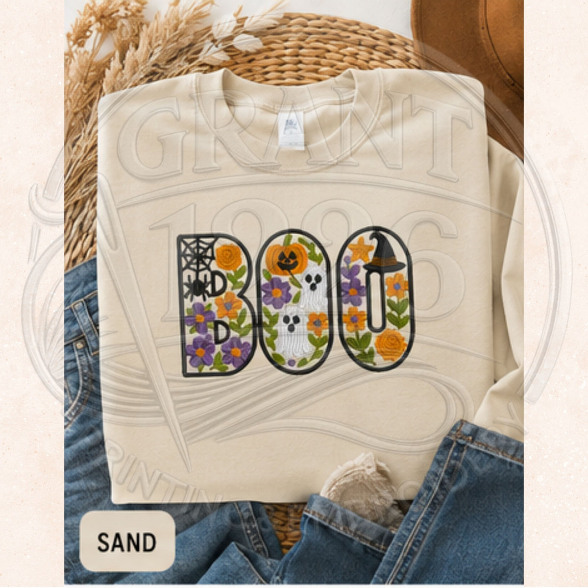 Sand adult crewneck sweatshirt with floral BOO embroidery featuring ghosts and Halloween flowers