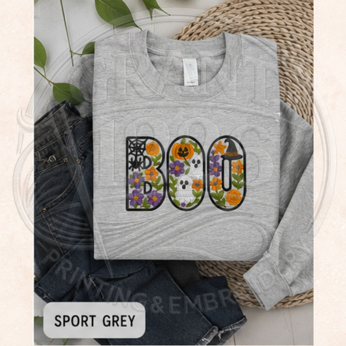 Sport grey adult crewneck sweatshirt with floral BOO Halloween embroidery