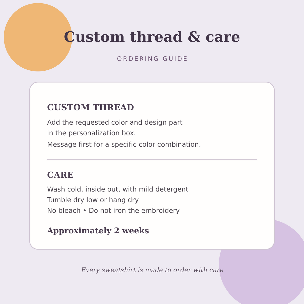 Custom thread, embroidery care and approximately two week turnaround guide for the floral BOO Halloween sweatshirt